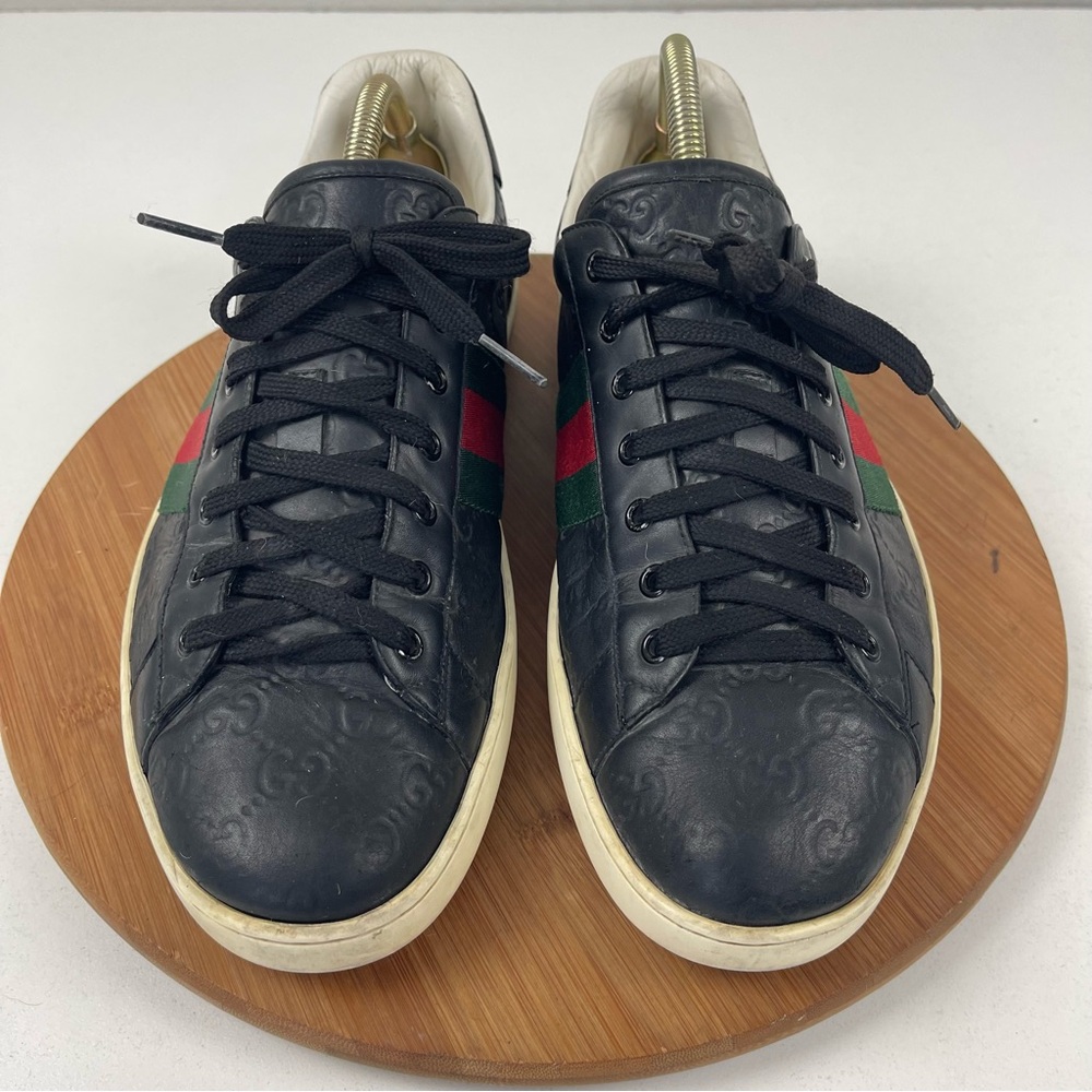 Black Leather Men's Low-Top Sneakers with Green/Red Stripe - Picture 2 of 12